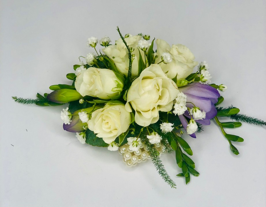 Lilac Hydrangea & Ribbon Lilac Freesia Beautiful Wedding Buttonhole Ivory Rose 