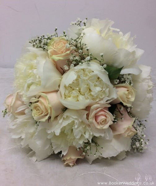 Bride Bouquet Hand Tied Romantic Peach Roses White Peonies and Gypsy Grass