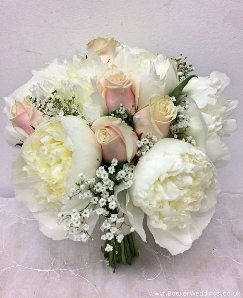 Bride Hand Tied Bouquet in Peaches and Creams With Peonies Roses and Gypsophila