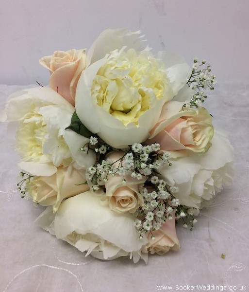 Bridesmaid Hand Tied Bouquet of White Peonies Peach Roses and Gypsophila