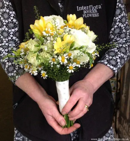 White Rose, Yellow Freesia and Daisy Brides Bouquet Side View