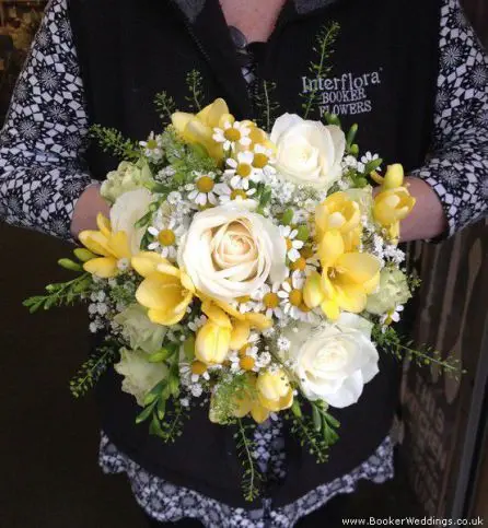White Rose, Yellow Freesia and Daisy Brides Bouquet