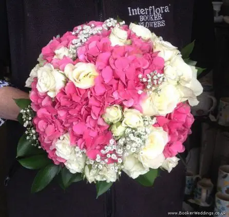 Cerise Hydrangea and White Rose Brides Bouquet