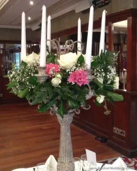 Cerise Hydrangea and White Rose Candelabra Centrepiece Close Up