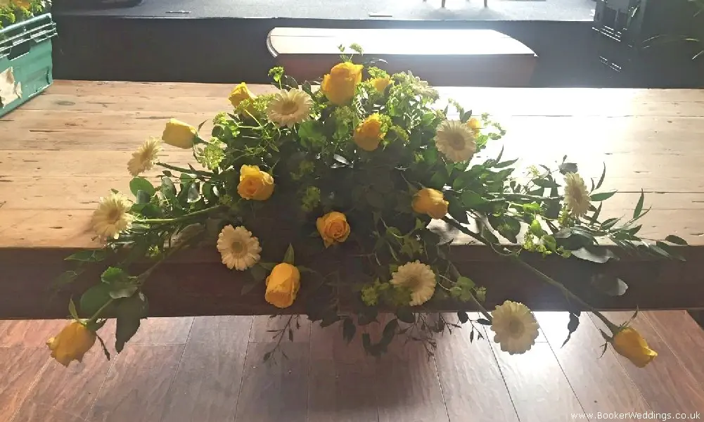 Wedding yellow rose and white gerbera bridal top table centrepiece