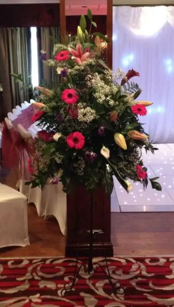 Burgandy and White Calla Lily Pedestal Arrangement 1