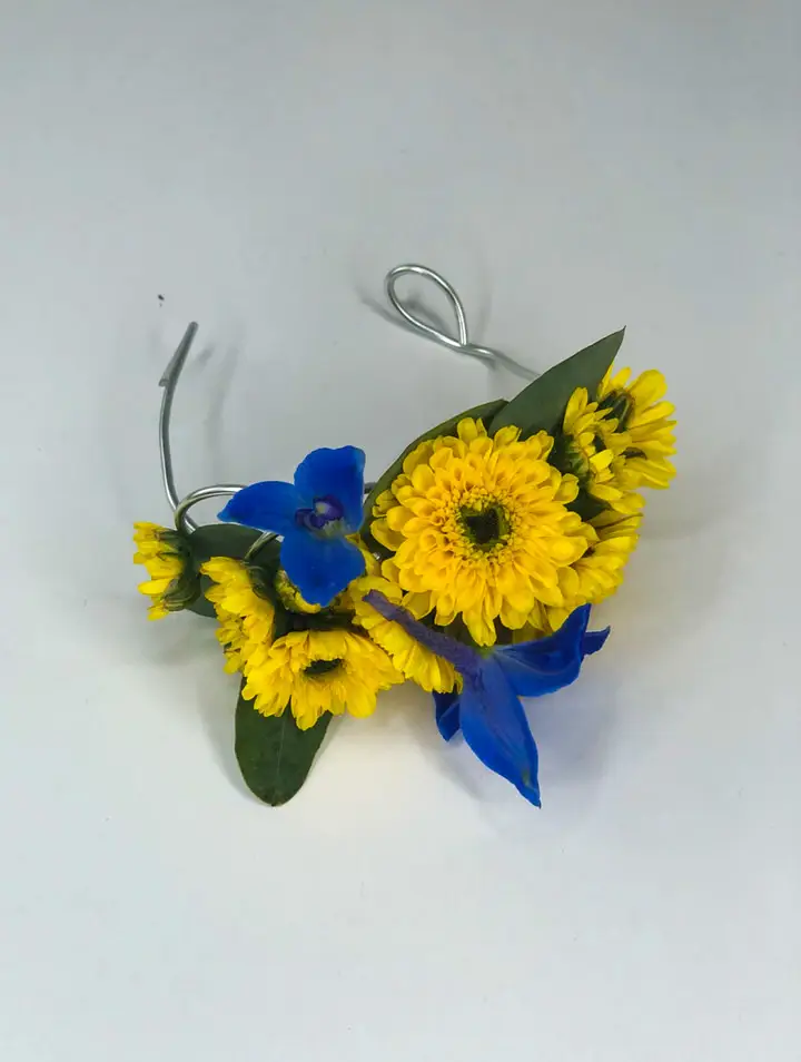 Ladies Wrist Corsage Yellow and Blue