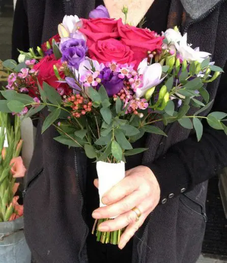 Cerise Pink Rose and Purple Brides Bouquet - Side
