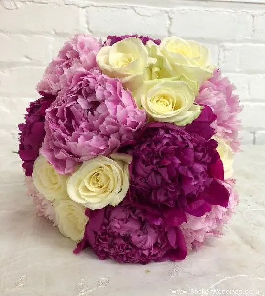 Bride Handtied Wedding Bouquet of Cream Roses Pink Peonies and Purple Peonies