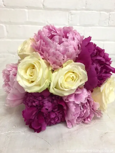 Bridesmaid Hand Tied Wedding Flowers of Avalanche Roses Pink Peonies and Purple Peonies
