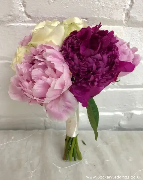 Bridesmaid Handtied Wedding Bouquet of Cream Roses Pink Peonies and Purple Peonies