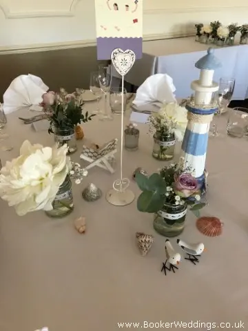 Wedding Table Centre with Peony and Roses in Glass Jars Seaside Theme