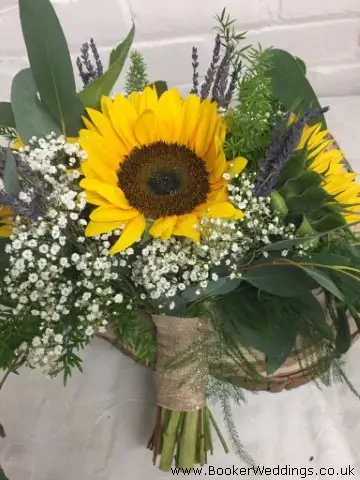 Bride Handtied Bouquet of Sunflowers Gyp Lavendar and Foliage