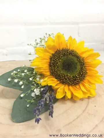 Groom Buttonhole of Sunflower Gyp and Lavender