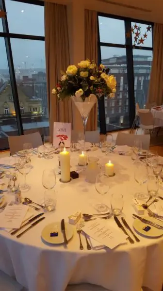 Martini Glass Table Centrepiece Arrangement White roses and Red Hypericum