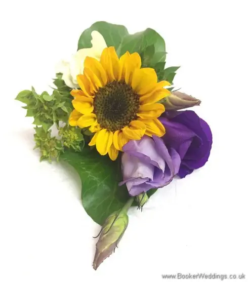 Grooms Buttonhole with Yellow Gerbera and purple lissianthus