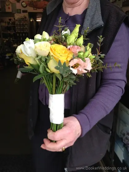 Pastel Coloured Wedding flowers with roses, spray roses, freesia, bouvarida and lissianthus Bridesmaid Bouquet Side View
