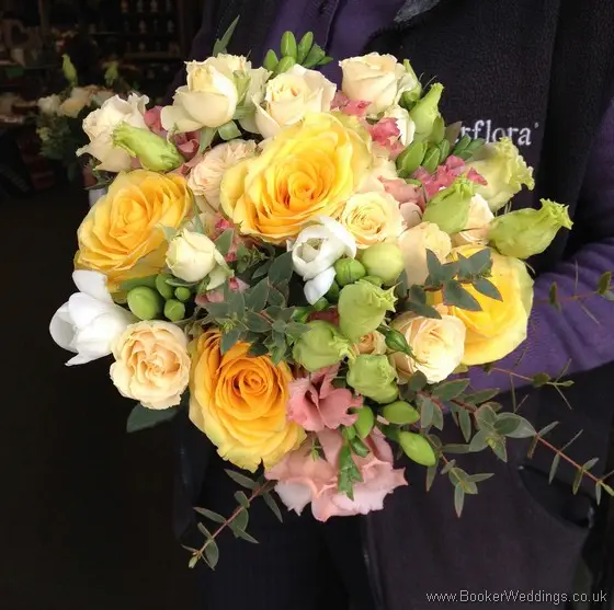 Pastel Coloured Wedding flowers with roses, spray roses, freesia, bouvarida and lissianthus Bridesmaid Bouquet