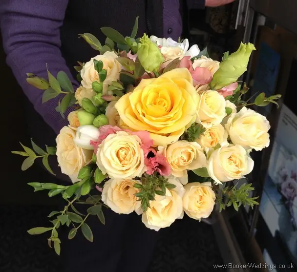 Peach, pink and yellow Wedding flowers with roses, spray roses, freesia, bouvarida and lissianthus Flower GIrl Mini Hand tied Bouquets