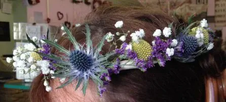 Yellow and Blue Hair Circlet Craspedia Eryngium and Gypsophilia 2