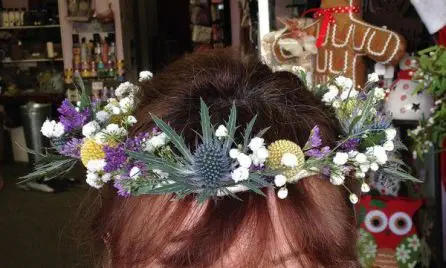 Yellow and Blue Hair Circlet Craspedia Eryngium and Gypsophilia