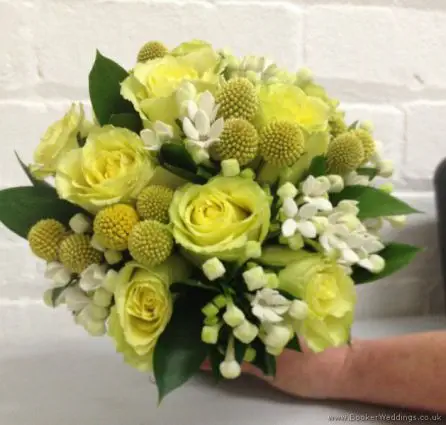 Yellow and White Hand Tied Brides Bouquet with Yellow Roses, Craspedia, White Bouvardia