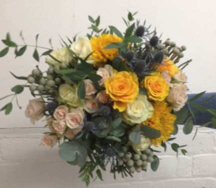 Bride Bouquet featuring yellow flower and gray brunia balls